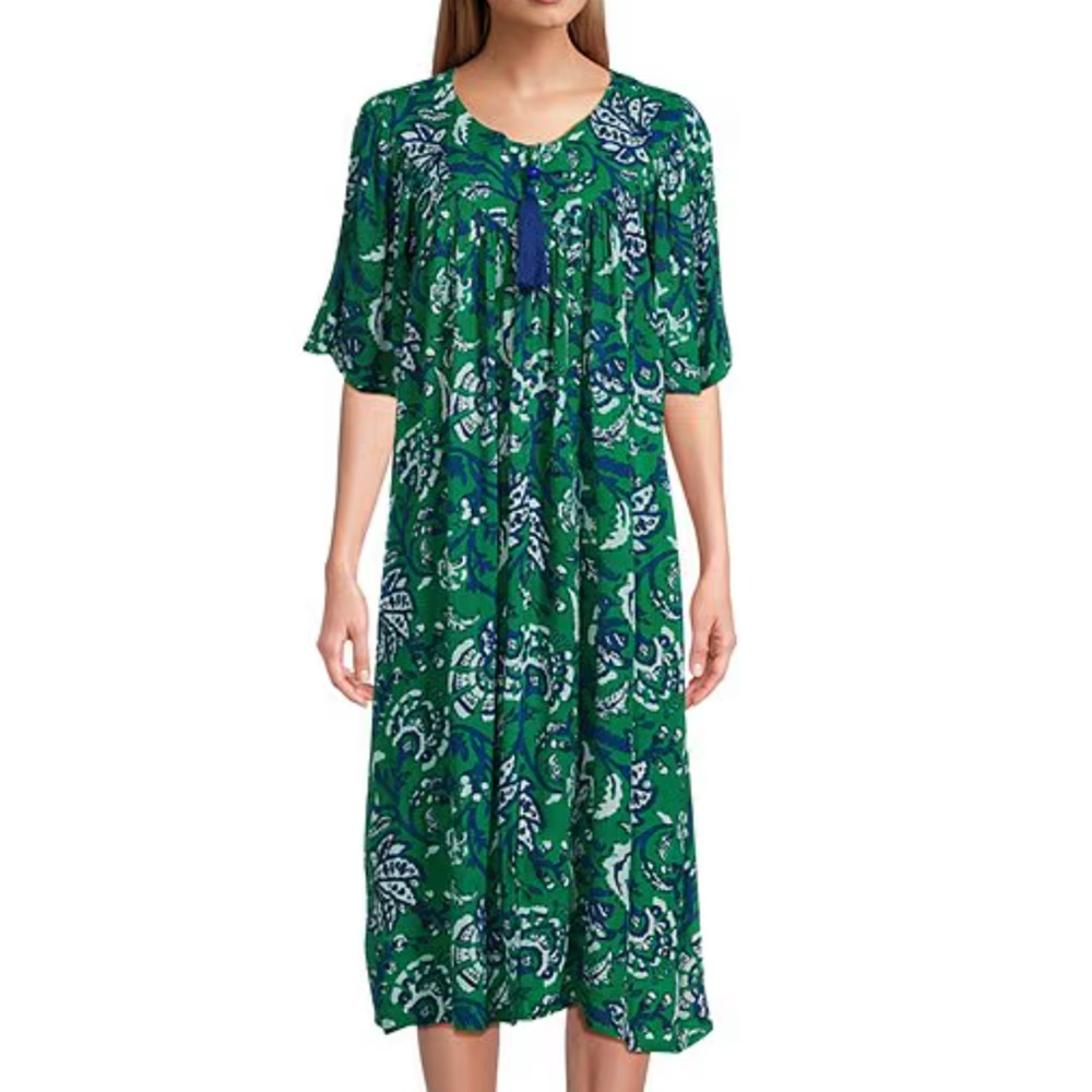 Go Softly Crinkle Gauze Zip Patio Dress | S, Floral Green Blue Mumu Caftan